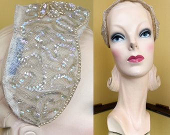 vintage jaren 1950 bruids tiara//draadgerande ivoor mesh vroege jaren 50 juliet bruiloft kroon//iriserende pailletten + parel kralen