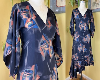 vintage 1930s robe // rare cubist still life novelty print rayon 30s dressing gown // kimono sleeves + wrap style + asymmetric flutter hem