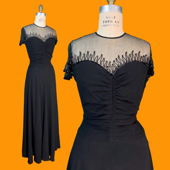 Vintage 1940s Gown // Sheer Mesh Shoulders + Black Rayon Crepe 40s Dress // Flame Beading + Sequins // New York Creation // 27" Waist