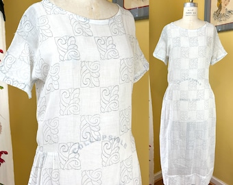 vintage 1920s dress // chic arts + crafts checkerboard print 20s day dress in sheer white cotton // dropped waist gathered hips // size M-L