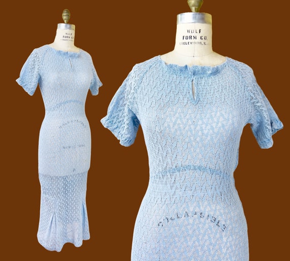 Vintage 1930s Dress // Sheer Baby Blue Cotton Machine Lace Deco 