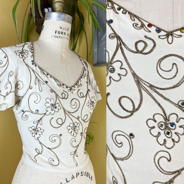 vintage 1940s blouse // cropped white rayon 40s cocktail blouse // sparkling gold soutache + rhinestone studs