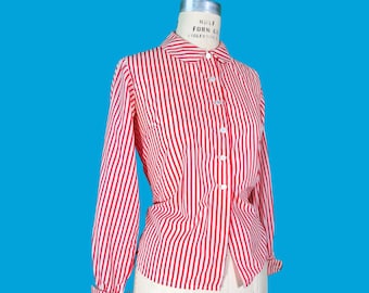 vintage 1950s blouse // red + white striped nylon 50s blouse // peter pan collar + french cuffs // size M