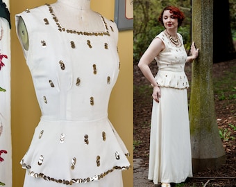 vintage 1930s dress // cream rayon crepe with giant gold gelatin sequins 30s - 40s cusp peplum gown  // 29" waist