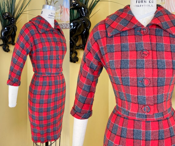 vintage 1950s suit // red + charcoal grey check wo