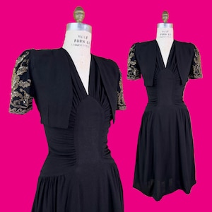 vintage 1940s dress set // gold bullion soutache + sequins black rayon 40s draped cocktail dress + bolero set // shoulder pads // 26&quot; waist