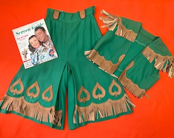 vintage 1940s western set // green rayon gabardine + golden suede 40s vest + split-skirt culottes // appliquéd spades + fringe trimmins