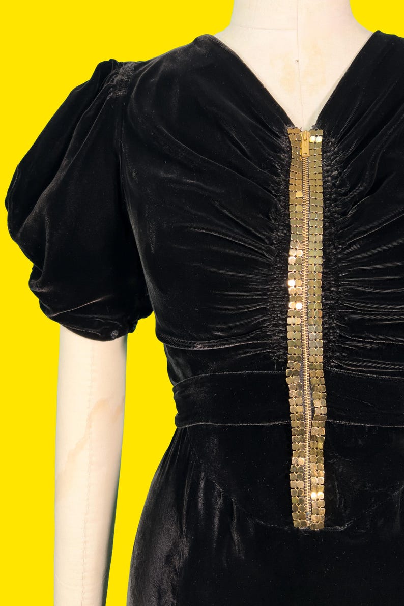 Vintage 1930s Dress // Black Silk Velvet Late 30s Coffin Pleated Puff ...