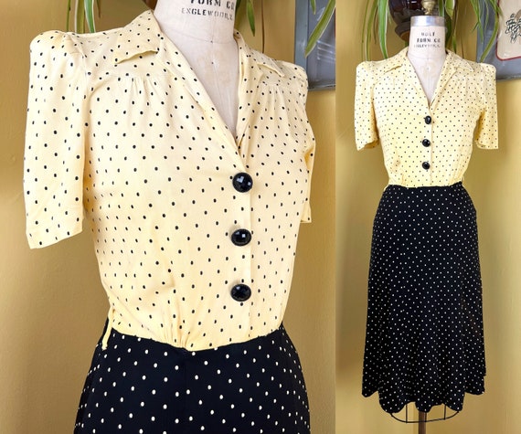 vintage 1940s dress // yellow + black polka dot c… - image 1