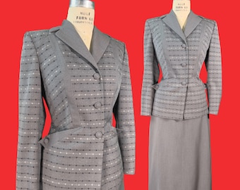 Abito vintage anni '40 // Abito anni '40 in gabardine di lana finemente confezionato // Fantasia a pois e righe bianche e nere // Vita 27"