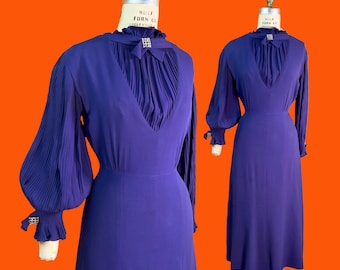 vintage 1930s dress // purple silk crepe mid 30s dress // lavishly crystal pleated balloon sleeves + bodice // 26&quot; - 27&quot; waist