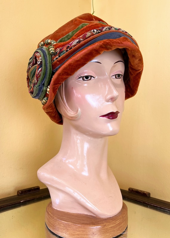 vintage 1920s hat // orange, green + blue velvete… - image 5