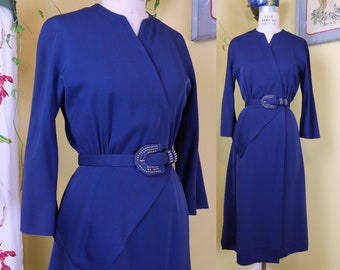 vintage 1940s dress // indigo blue wool gabardine 40s wrap dress // studded matching belt + asymmetric hip pocket // 24" waist