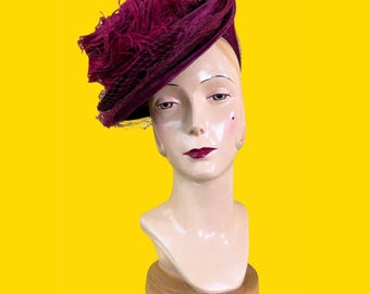 antique Victorian hat // plush merlot silk velvet 1890s hat with ostrich feather plumes + rose pink ribbons