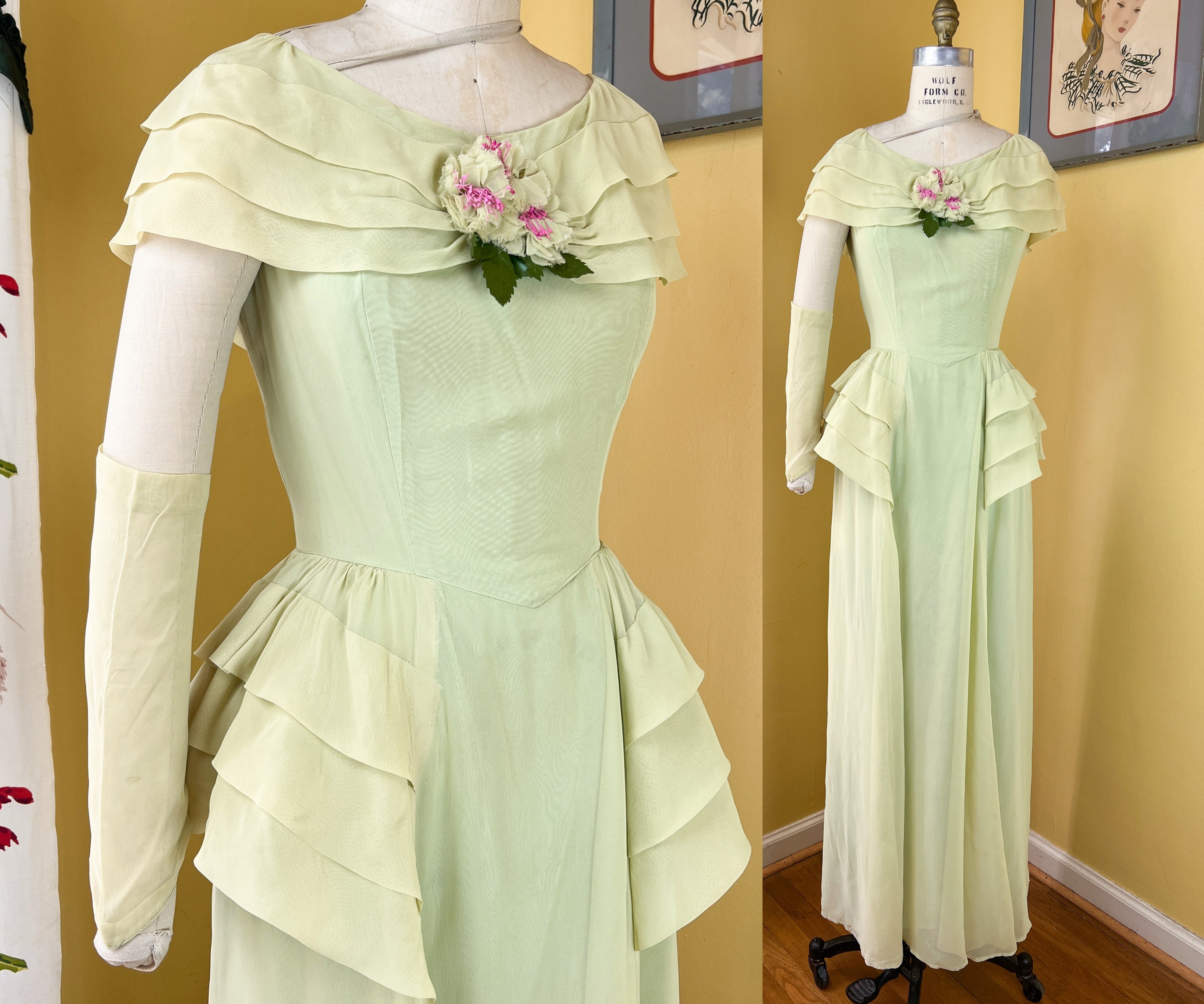 Vintage 1940s Dress // Honeydew Green Sheer Rayon Chiffon