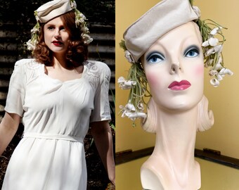chapeau vintage des années 40 // faille de rayonne ivoire + chapeau inclinable des années 40 au drapé floral courage géant // très digne d'une mariée !