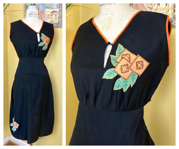 vintage 1930s dress // black + orange cotton Hallo