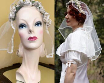 vintage 1930s wedding veil // stiff white rayon tulle mesh + fabric floral bloom crown // simple + chic, so lovely