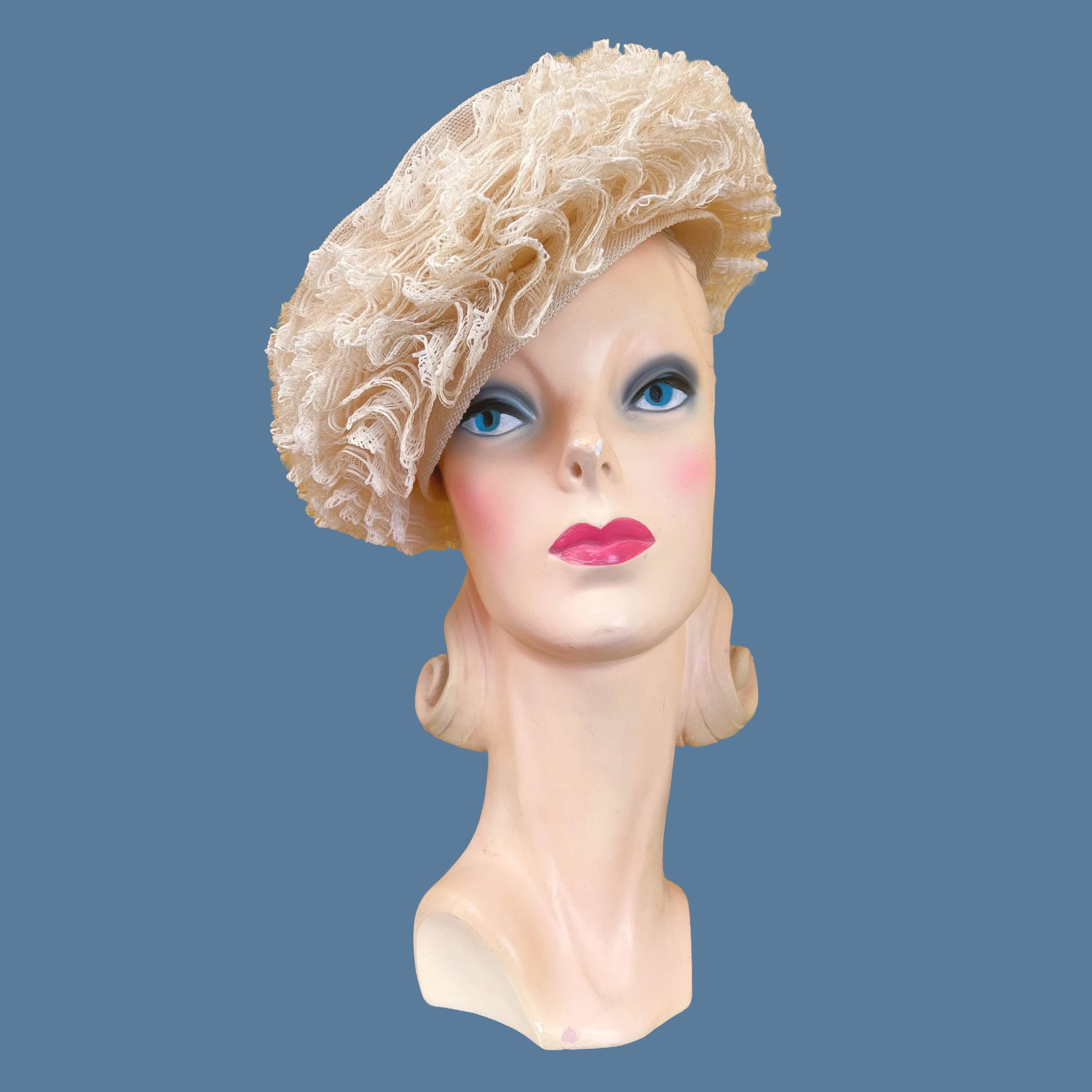 UNIQUE 1940s\' SALMON COLOR FABRIC TILT HAT WITH RUFFLES & BLACK VEILING  ON BRIM 1930s Black Straw Tilt Hat | Veiled Brim with Pink Poms main image 3
