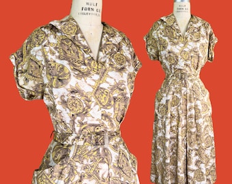 vintage 1940s dress // royal design novelty print cold rayon 40s day dress // pert hip shelf pockets + matching belt // 28" waist