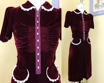 vintage 1930s dress // RARE bakelite slide zipper front wine silk velvet puff sleeve 30s dress // shirred bust + lace trim // 26&quot; waist