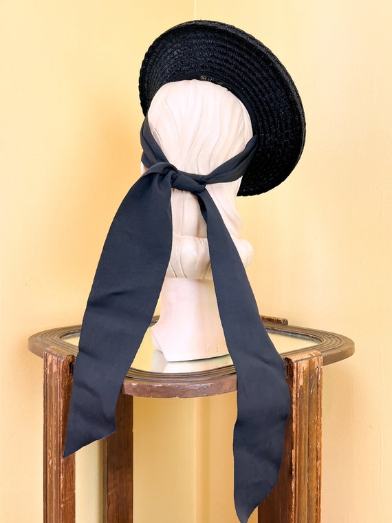vintage 1940s hat // finely woven black straw + p… - image 6