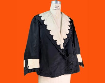 vintage 1910s jacket // harlequin vibes black silk satin + ivory moiré taffeta 19teens jacket // swingy cut front + fitted back // size S
