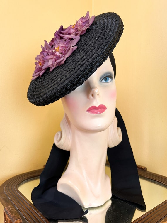 vintage 1940s hat // finely woven black straw + pu