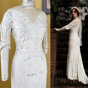 vintage 1930s wedding dress // off-white rayon lace + cream chiffon 30s bridal gown // cold shoulder sleeves + small train // size S-M