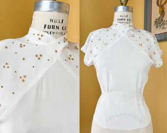 vintage 1940s blouse // gold studs + sequins bright white rayon 40s cocktail blouse // high Xed neckline + padded shoulders // size S