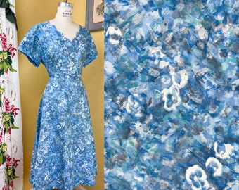 vintage 1950s dress // busy blue watercolor floral print cotton 50s day dress // scalloped neckline + nipped waist + full skirt // 40" waist