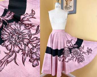 vintage 1950s skirt // rose pink + black 50s Mexican circle skirt with pockets // giant asymmetric flowers + pink sequins // 27" - 28" waist