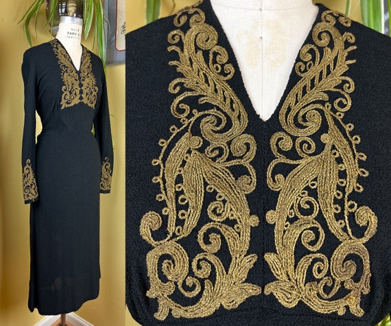 40s Black/Gold Knit Sweater Dress,50s Black Boucle Knit Dress M main image 0