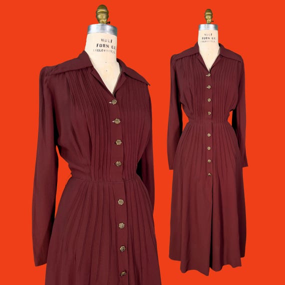 vintage 1940s dress // reddish brown rayon crepe 40s dress // pin tuck whiskers + golden shirtwaist buttons // 28" waist