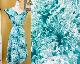 RESERVED ON LAYAWAY do not buy // vintage 1950s dress // busy teal watercolor floral print cotton 50s day dress