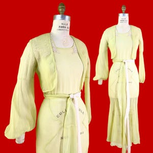 vintage 1930s dress set // chartreuse tissue crepe silk chiffon 30s bias cut dress, balloon sleeve jacket + two-tone belt // size XS - S
