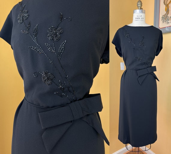 vintage 1960s dress // beaded floral bodice black… - image 1