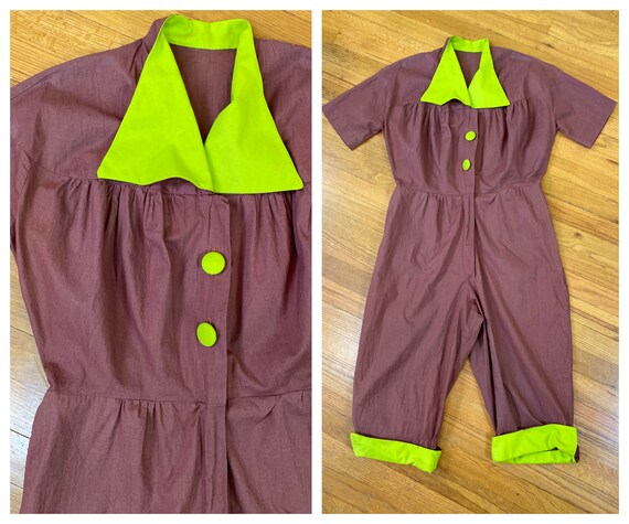 vintage 1950s jumpsuit // color block golden brown