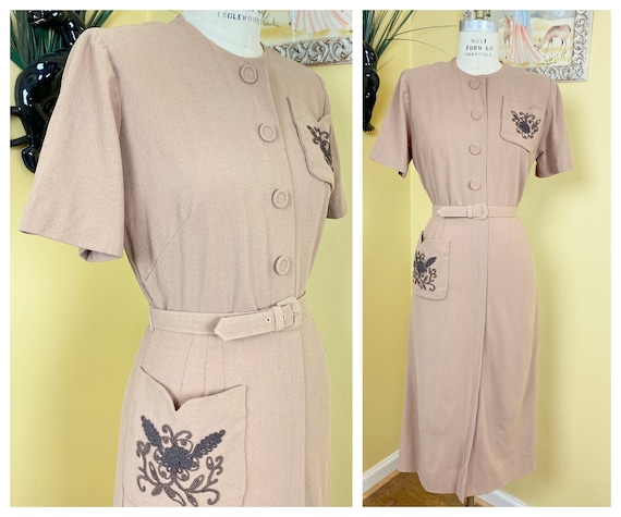 vintage 1940s dress // cozy tan wool 40s dress //
