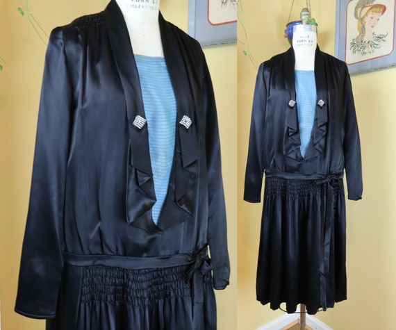vintage 1920s dress // gleaming black silk satin … - image 1