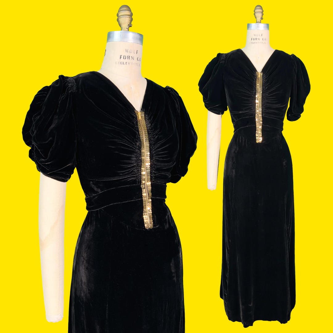 Vintage 1930s Dress // Black Silk Velvet Late 30s Coffin Pleated Puff ...