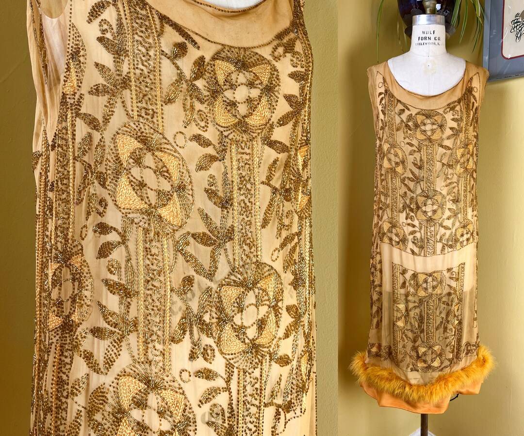 Vintage 1920s Dress // Fully Beaded Goldenrod Yellow Silk - Etsy