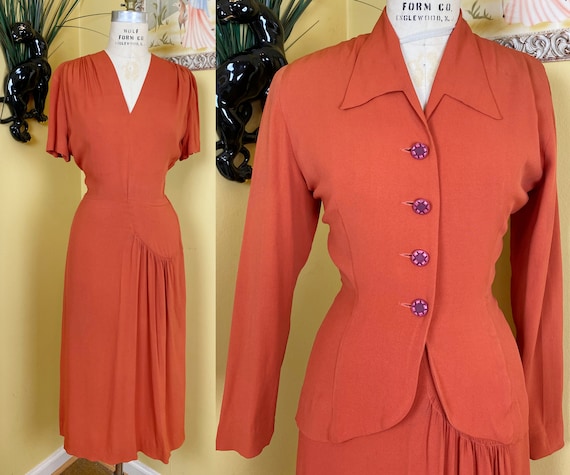 vintage 1940s dress set // pumpkin orange rayon cr