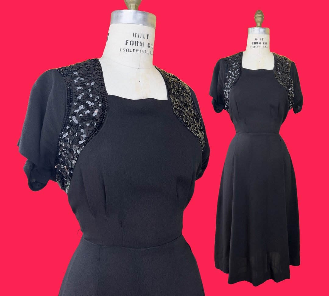 1940s Scalloped Black Rayon Dress