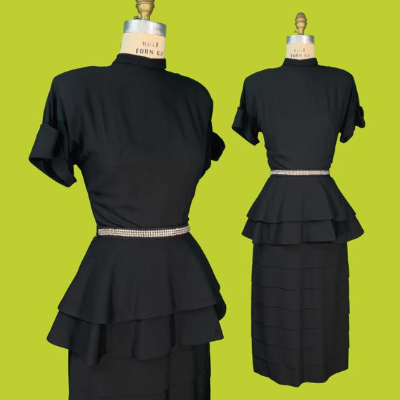 Vintage 1940s Dress // Black Rayon Crepe Late 40s Dress by Mademoiselle Juliette // Rhinestone Belt + Peplum + Tiered Skirt // 25" Waist