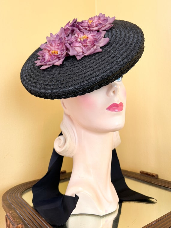 vintage 1940s hat // finely woven black straw + p… - image 3