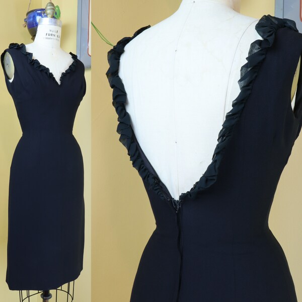 vintage 1960s dress // designer Lilli Diamond black crepe 60s bombshell cocktail dress // BACKLESS plunge + ruffles // 24" waist