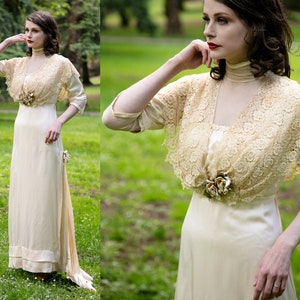 vintage edwardian bridal gown // impeccable ivory silk satin + cotton lace 1912 wedding dress // rose blooms + shallow train // size XS