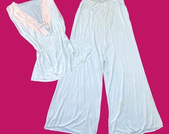 vintage 1930s Pyjama Set // blasses Minty Blau + rosa Color Block Viskose Jersey Mid 30s Deko Top + Hose Lounge Set // AS IS // Größe S - M
