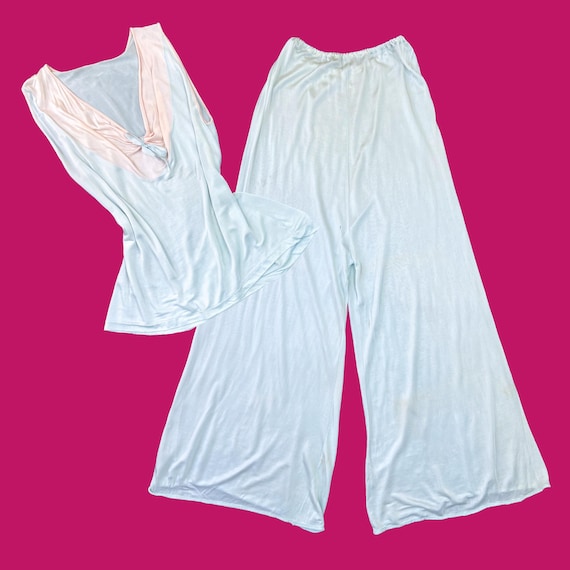 vintage 1930s pajama set // palest minty blue + pink color block rayon jersey mid-30s deco top + pants lounge set // AS IS // size S - M